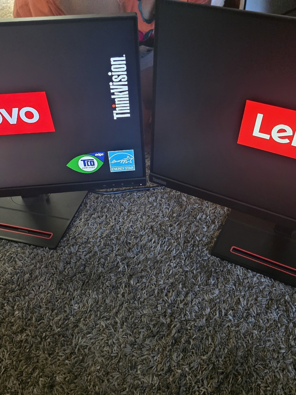 Lenovo Black Monitors with Red Accents - Dual Setup